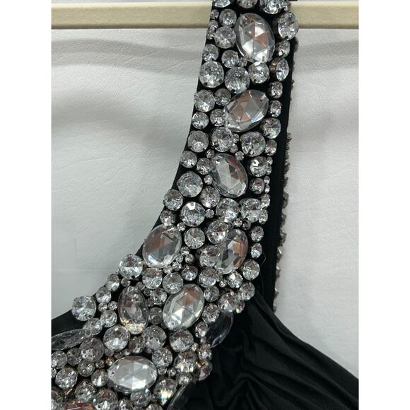 Scala Black Crystal Embellishments One-Shoulder Ruched Cocktail Dress Sz 8 FLAWS - Picture 7 of 16